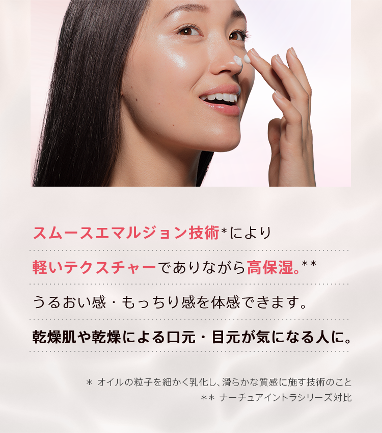 スムースエマルジョン処方で高保湿ながら軽いテクスチャーで、うるおい感・もっちり感を体感できます。